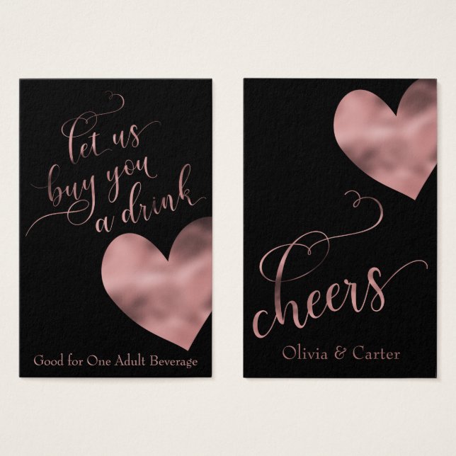 Drink Tickets, Elegant Rose Gold Script & Heart (Front & Back)