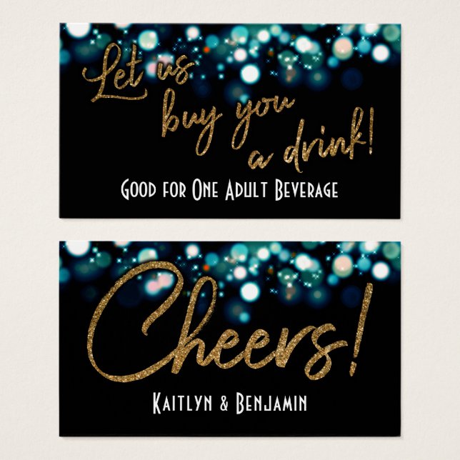 Drink Tickets, Gold Glitter on Aqua & Black Bokeh (Front & Back)