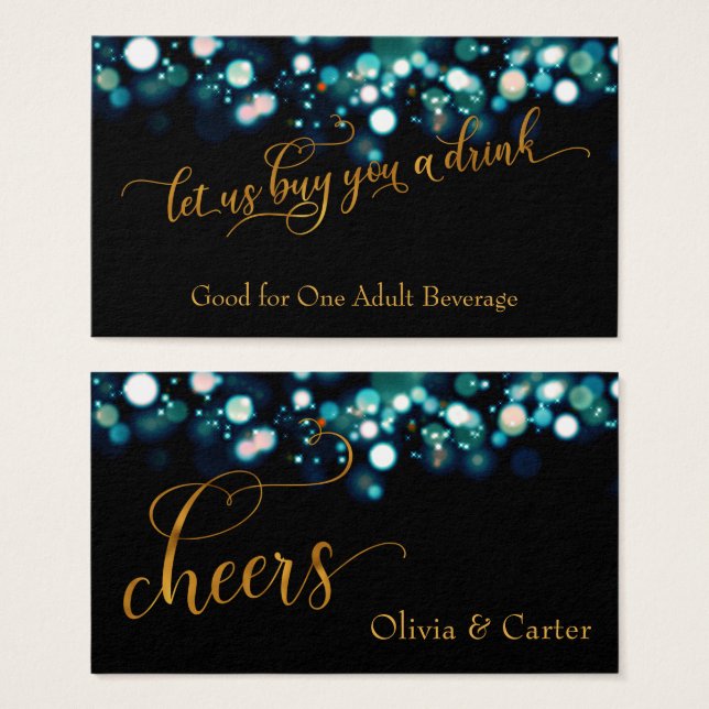 Drink Tickets, Gold Script & Teal Bokeh (Front & Back)