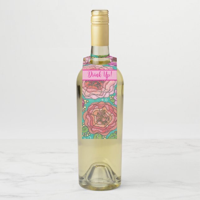 "Drink Up!" Floral Wine Gift Tag (On Bottle)
