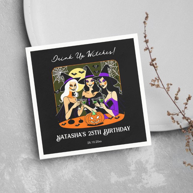 Drink up witches adult Halloween birthday party Napkin (Halloween adult birthday party tableware personalized napkins pretty witches sipping cocktails black)