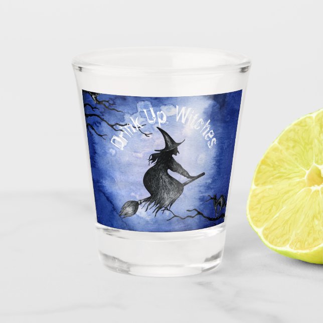 Drink Up Witches Blue Cat Spooky   Shot Glass (Front)