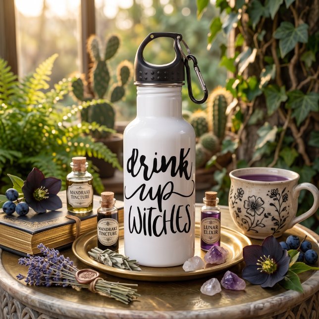 Drink Up Witches Funny Halloween Script Quote 532 Ml Water Bottle (Stay hydrated with this Drink Up Witches funny Halloween script quote design. )