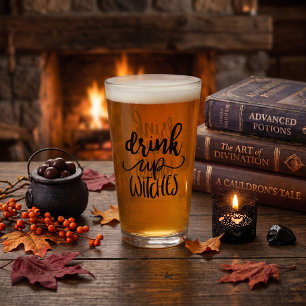 Drink Up Witches Funny Halloween Script Quote Glass