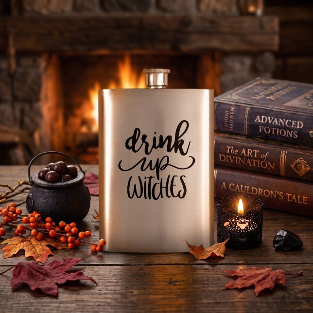 Drink Up Witches Funny Halloween Script Quote Hip Flask (Brew up some festive spirits with this Drink Up Witches funny Halloween script quote design.)