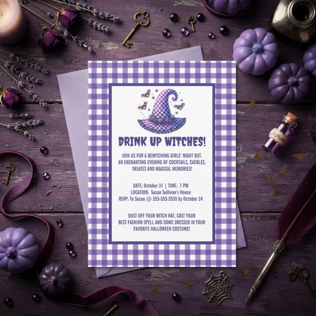 Drink Up Witches Gingham Witch Hat Halloween Invitation (Creator Uploaded)