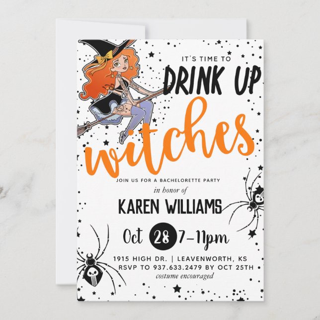 Drink Up Witches Halloween Bachelorette Party Invitation (Front)