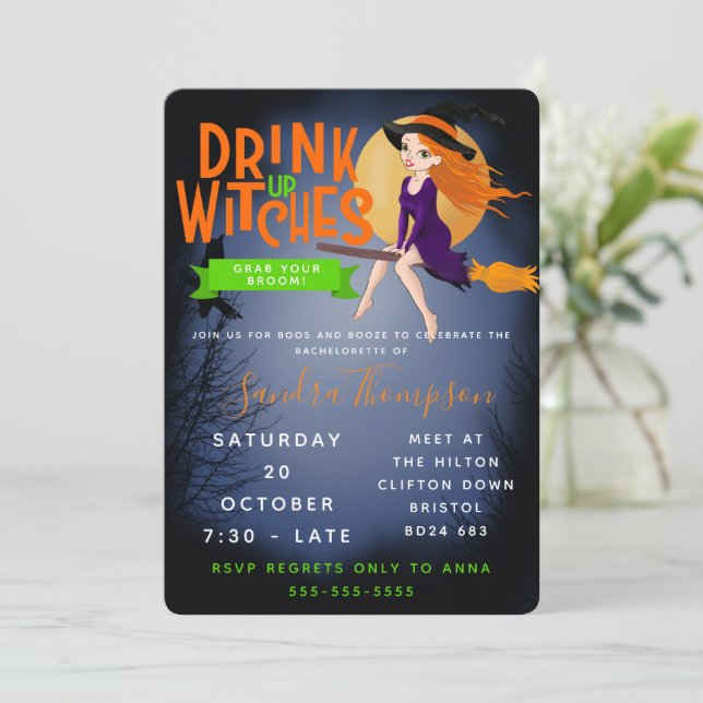 drink up witches halloween bachelorette party invitation (Standing Front)