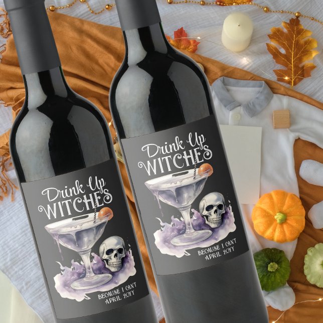 Drink Up Witches Halloween Pregnancy Announcement Wine Label (Creator Uploaded)