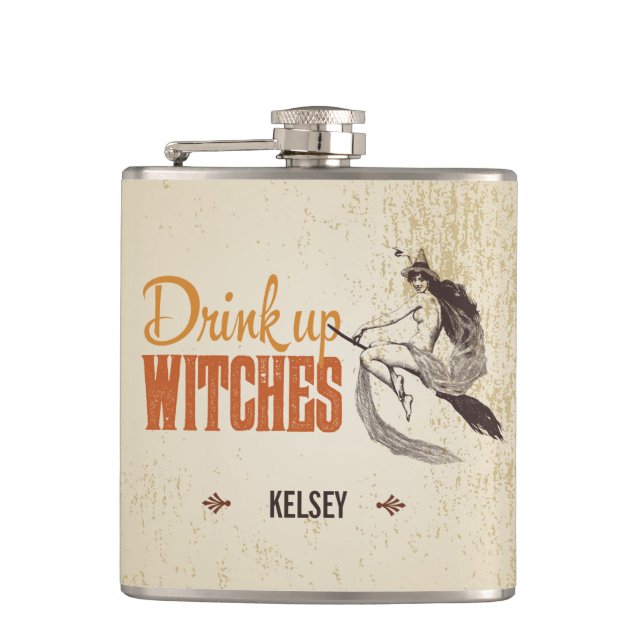 Drink Up Witches Personalise Flask (Front)