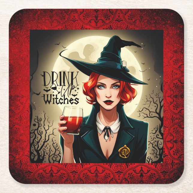 Drink Up Witches Square Paper Coaster (Front)