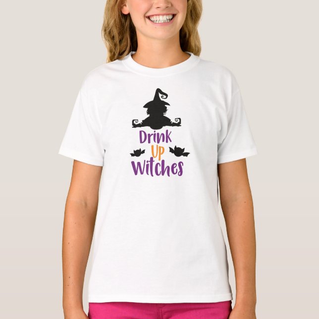 Drink Up Witches, Witch, Bats, Halloween T-Shirt (Front)