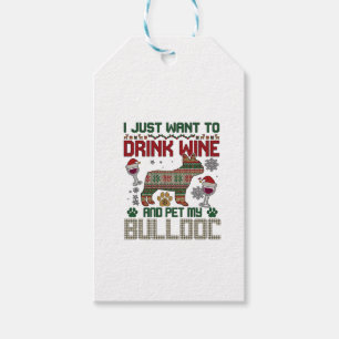 Drink Wine Bulldog Dog Ugly Sweater Santa Hat Gift Tags