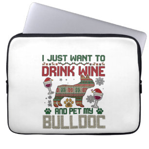 Drink Wine Bulldog Dog Ugly Sweater Santa Hat Laptop Sleeve