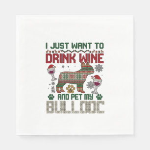 Drink Wine Bulldog Dog Ugly Sweater Santa Hat Napkin