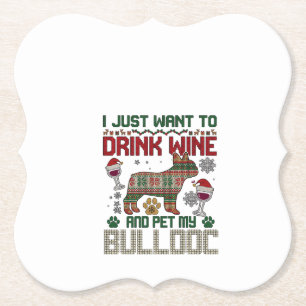 Drink Wine Bulldog Dog Ugly Sweater Santa Hat Paper Coaster