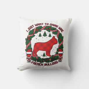 Drink Wine French Bulldog Dog Red Plaid Christmas Cushion