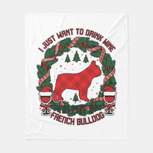 Drink Wine French Bulldog Dog Red Plaid Christmas Fleece Blanket