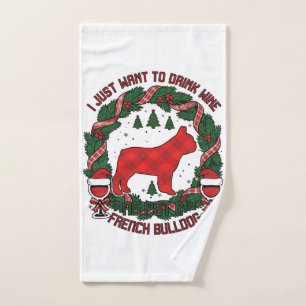 Drink Wine French Bulldog Dog Red Plaid Christmas Hand Towel