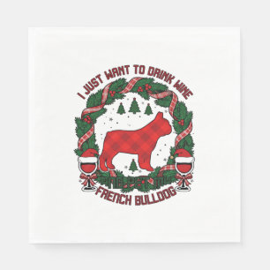 Drink Wine French Bulldog Dog Red Plaid Christmas Napkin