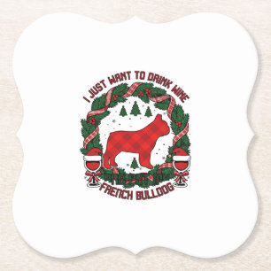 Drink Wine French Bulldog Dog Red Plaid Christmas Paper Coaster