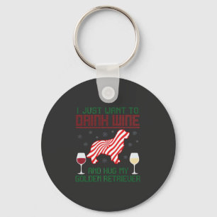 Drink Wine Hug Golden Retriever Christmas Key Ring
