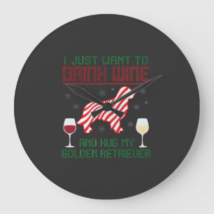 Drink Wine Hug Golden Retriever Christmas Large Clock