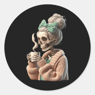 Drinking Coffee Skull Skeleton For Women Gift Coff Classic Round Sticker