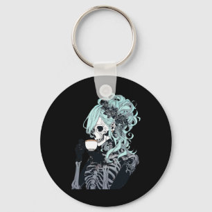 Drinking Skeleton Messy Bun Halloween Costume Girl Key Ring