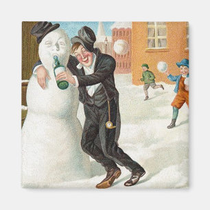 Drinking Snowman Vintage Magnet