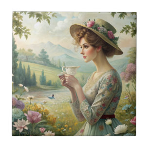 Drinking Tea in Garden Ceramic Tile
