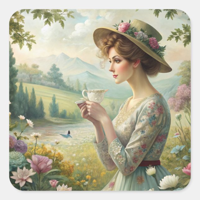 Drinking Tea in Garden Square Sticker (Front)