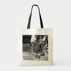 Drinking Tiger At Watering Hole Black And White Tote Bag
