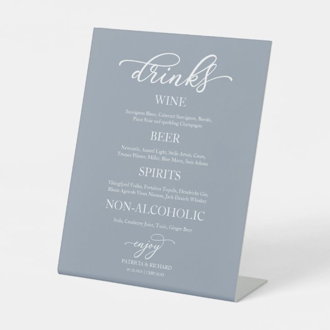Drinks Bar Chic Script Dusty Blue Wedding Sign (Front)