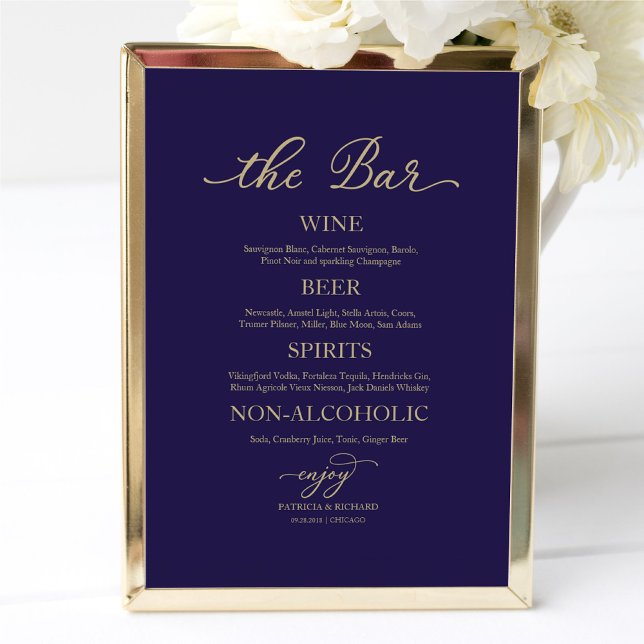 Drinks Bar Gold Calligraphy Navy Blue Wedding Sign (Creator Uploaded)