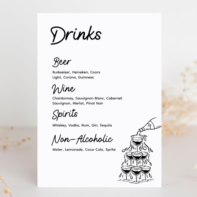 Drinks Bar Menu Modern Minimalist Wedding Sign (Cheers! Keep it simple with this cute drink menu, perfect for any celebration, especially weddings.)