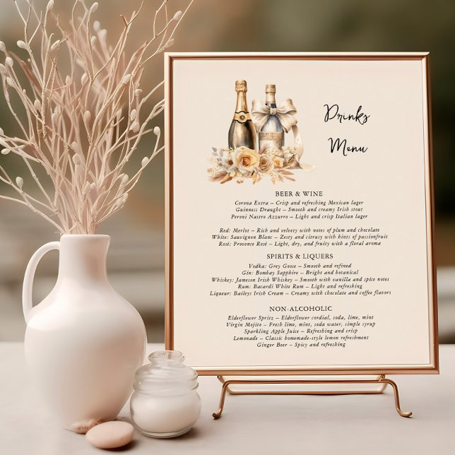 Drinks Menu Bottles and Flowers Neutral Wedding Poster (Drinks Menu poster from the Romantic Wedding Signs collection by Darling & May)