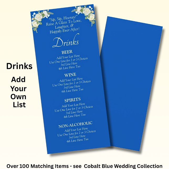 Drinks Menu Card - Cobalt Blue & White Roses (Creator Uploaded)