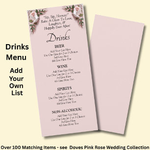 Drinks Menu Card - Pink Roses & Doves Wedding