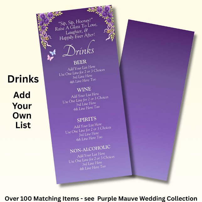 Drinks Menu Card - Purple Mauve Flowers & White (Creator Uploaded)