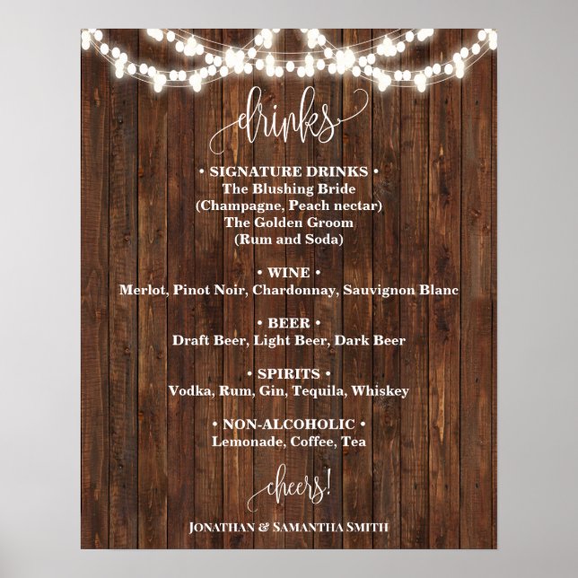 Drinks Menu Sign Country Western Wedding (Front)
