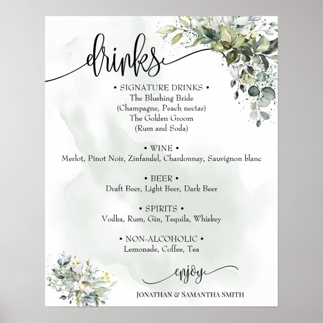 Drinks menu sign wedding eucalyptus succulent (Front)