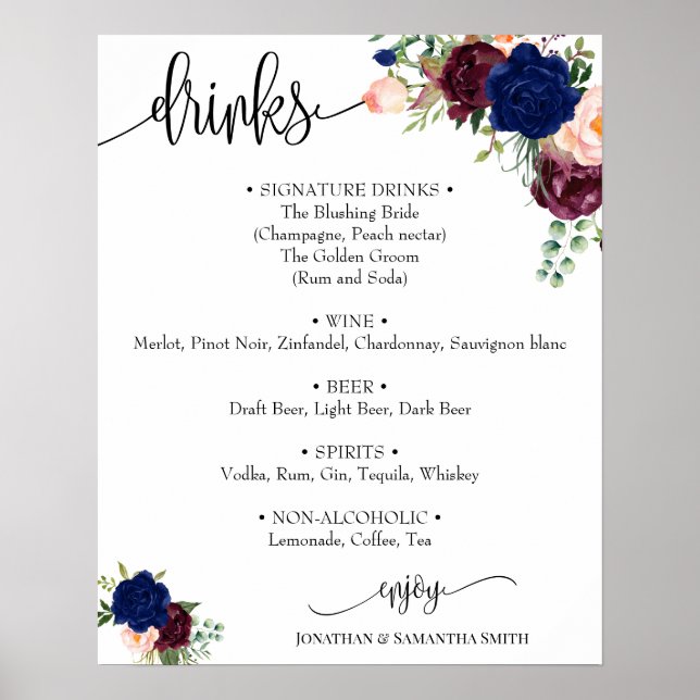 Drinks menu sign wedding navy burgundy floral (Front)