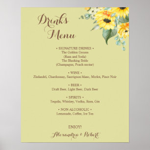 Drinks Menu Sunflowers Greenery Bridal Wedding Poster