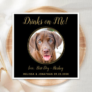 Drinks On Me Black Gold Wedding Pet Dog Photo Napkin