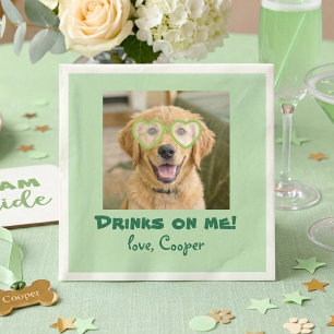 Drinks on Me Cute Fun Dog Photo Modern Green Napkin