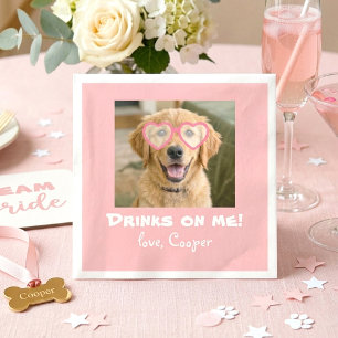 Drinks on Me Cute Fun Dog Photo Modern Pink Napkin