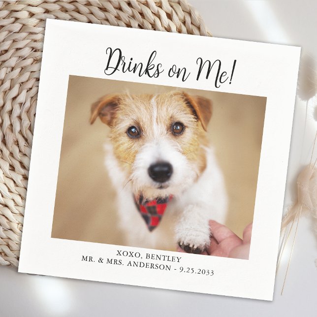 Drinks on Me Cute Template Cat Dog Photo Wedding Napkin (Creator Uploaded)