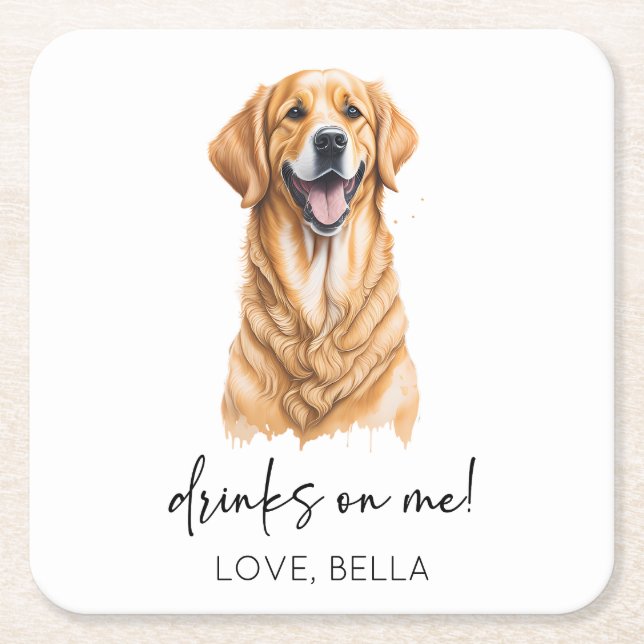 Drinks On Me! Golden Retriever Dog Pet Wedding Square Paper Coaster (Front)