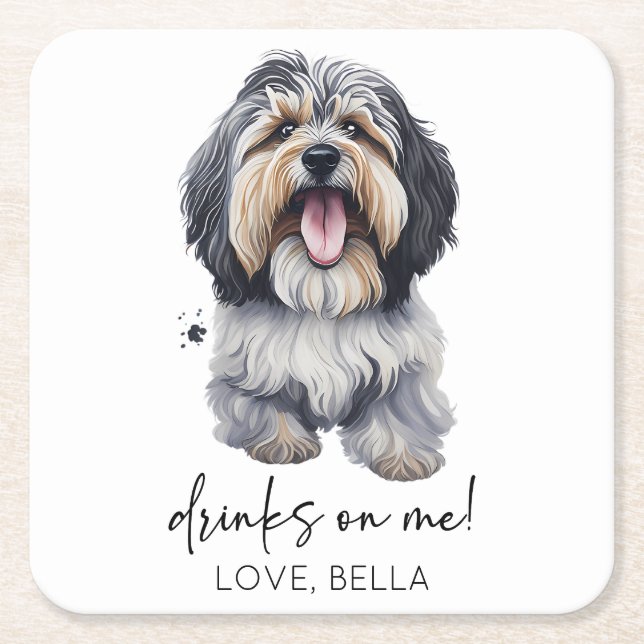 Drinks On Me! Havanese Dog Wedding Square Paper Coaster (Front)